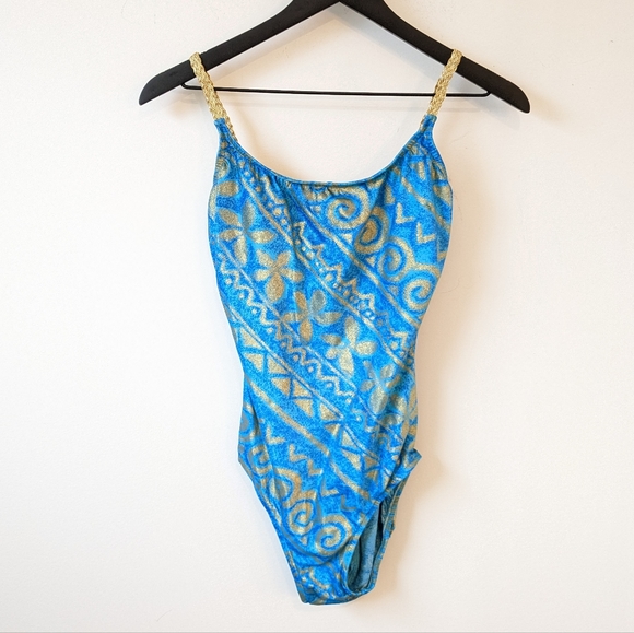 Vintage Sirena Blue Gold Printed Braided Strap One Piece Swim Suit - Picture 1 of 12